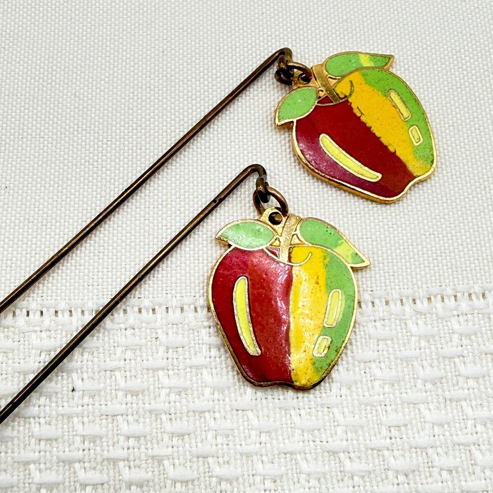 Set of 2 Vintage Dangle Cloisonné Style Red Yellow Green Apple Stick Hat Pins